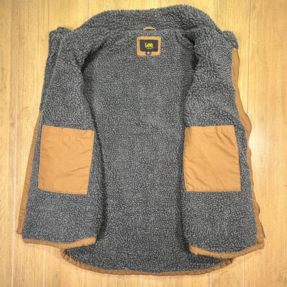 Lee‎ Mens Brown Cotton Canvas Sherpa Lined Workwear Vest XL Full Zip Pockets